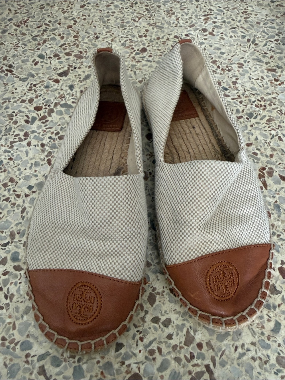 Tory Burch Cream Canvas Espadrille Slip-Ons with Brown Leather Toe